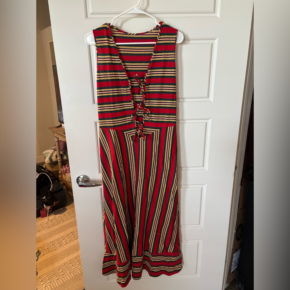 Vintage Striped Red and Yellow Lace-Up Dress